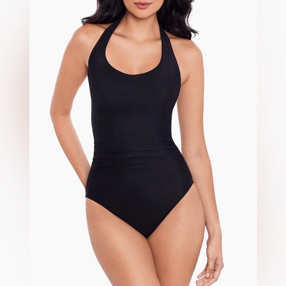 Miraclesuit Black Utopia Halter Ruched Wired Cups One Piece Swimsuit 16W